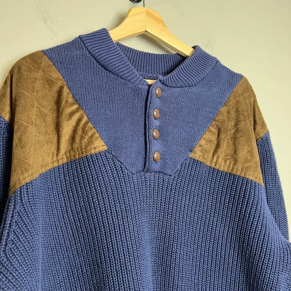 Vintage Boulder Creek Trading Co Sweater XLT‎ Blue Suede Elbow Patch